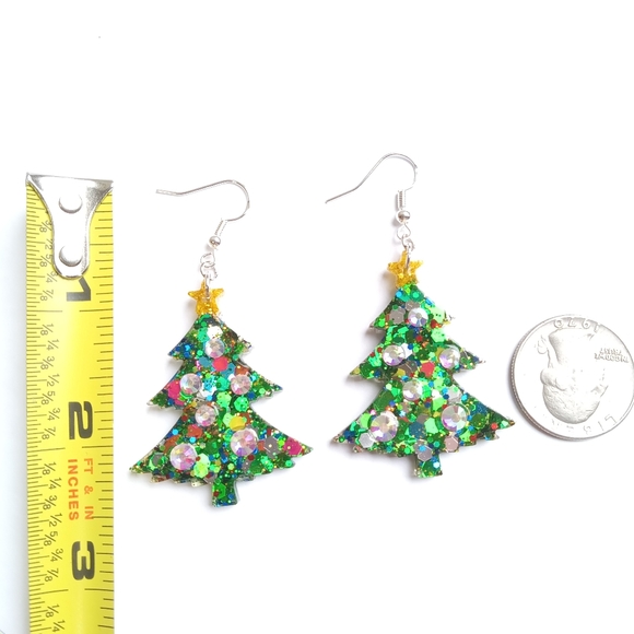 Sterling silver green glitter rhinestone Christmas trees dangle earrings new - Picture 2 of 4